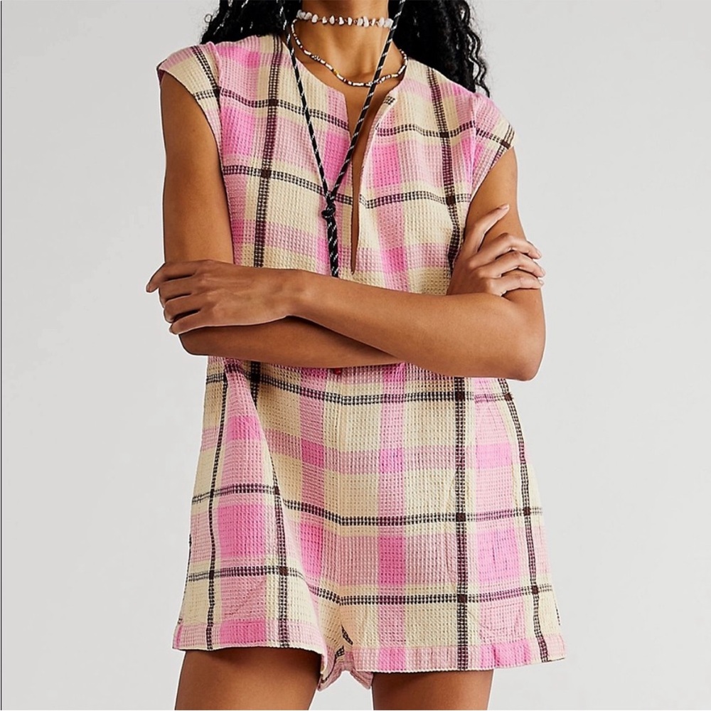 Free People pink & cream plaid romper